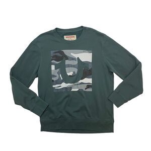 True Religion Sweater Mens XL Extra Large Green Camo Graphic Fleece Cotton Blend